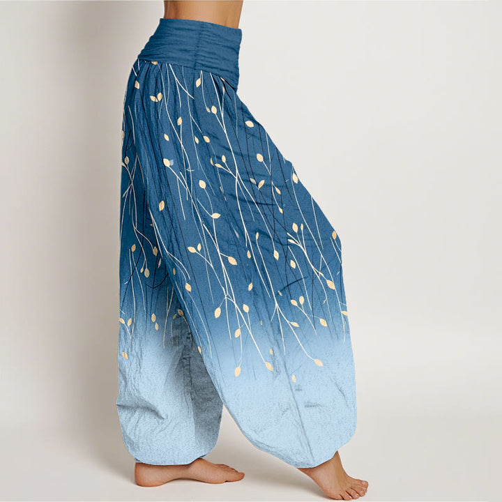 Buddha Stones Pantalones harem de algodón puro con cintura elástica y estampado degradado de ramas y hojas para mujer. - image 2