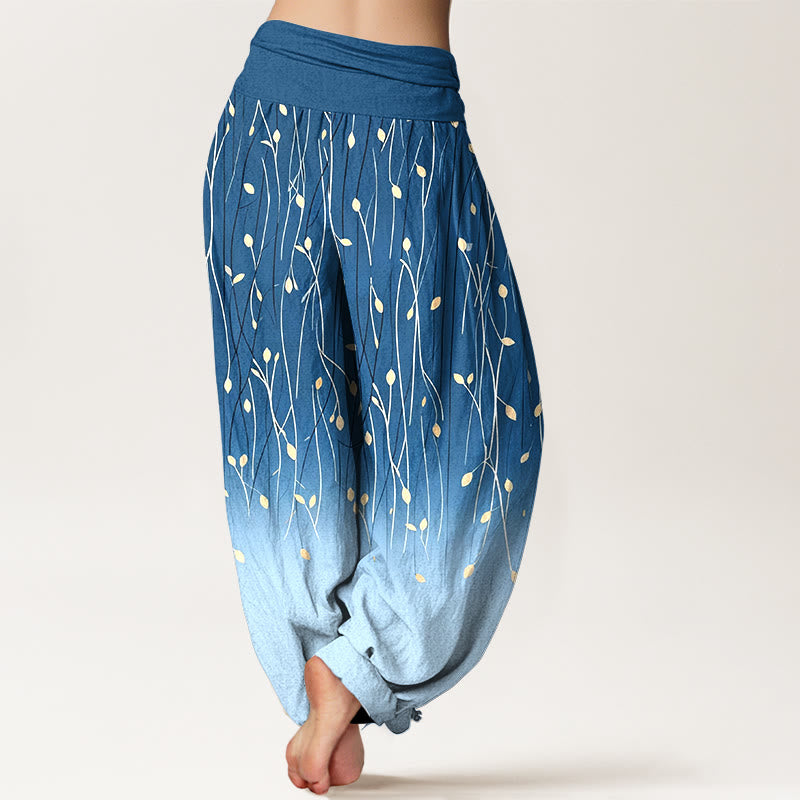 Buddha Stones Pantalones harem de algodón puro con cintura elástica y estampado degradado de ramas y hojas para mujer. - image 1