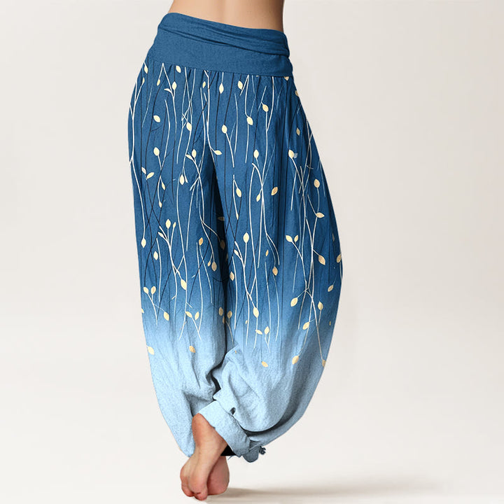 Buddha Stones Pantalones harem de algodón puro con cintura elástica y estampado degradado de ramas y hojas para mujer. - image 1