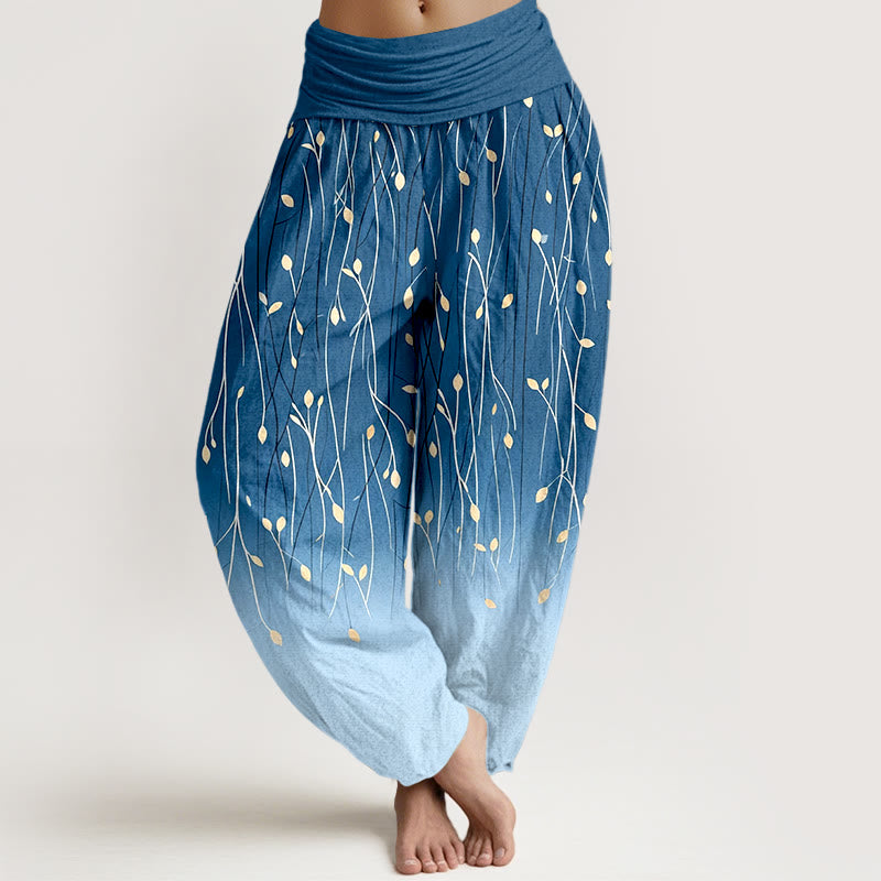 Buddha Stones Pantalones harem de algodón puro con cintura elástica y estampado degradado de ramas y hojas para mujer. - Azul real - US16，UK/AU20，EU48 (3XL) - image 0