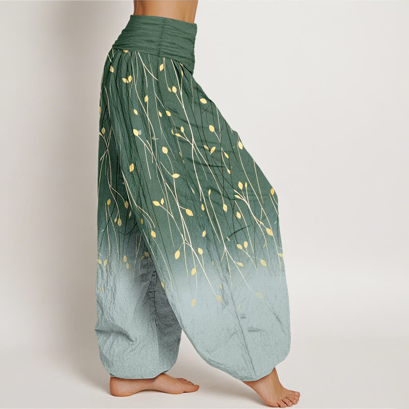 Buddha Stones Pantalones harem de algodón puro con cintura elástica y estampado degradado de ramas y hojas para mujer. - image 7