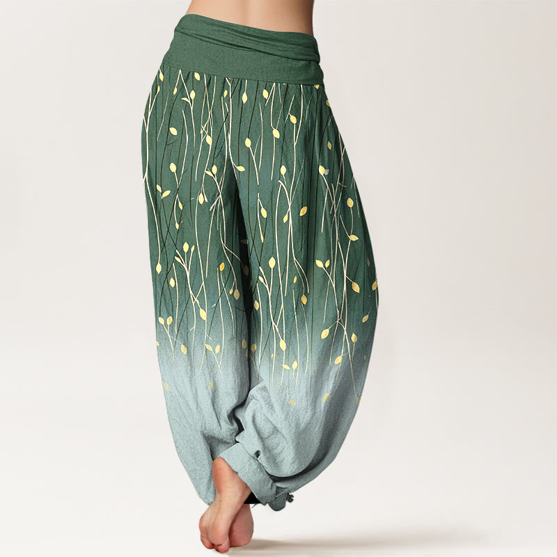 Buddha Stones Pantalones harem de algodón puro con cintura elástica y estampado degradado de ramas y hojas para mujer. - image 6
