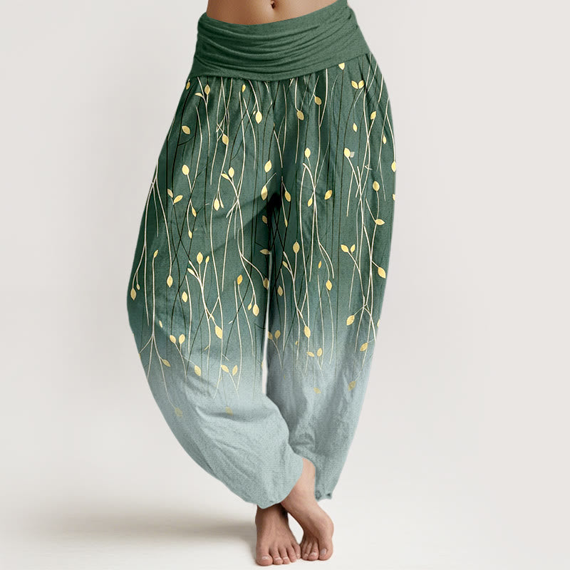 Buddha Stones Pantalones harem de algodón puro con cintura elástica y estampado degradado de ramas y hojas para mujer. - Verde mar oscuro - US16，UK/AU20，EU48 (3XL) - image 5