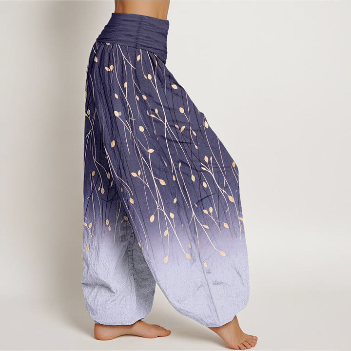 Buddha Stones Pantalones harem de algodón puro con cintura elástica y estampado degradado de ramas y hojas para mujer. - image 10