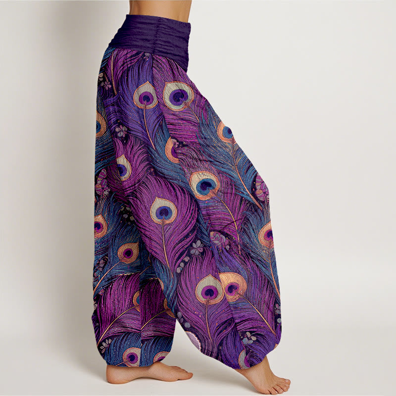 Buddha Stones Pantalones harem de mujer de algodón puro con cintura elástica y estampado de plumas de pavo real - image 2