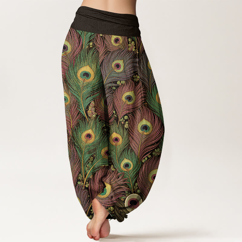Buddha Stones Pantalones harem de mujer de algodón puro con cintura elástica y estampado de plumas de pavo real - image 6