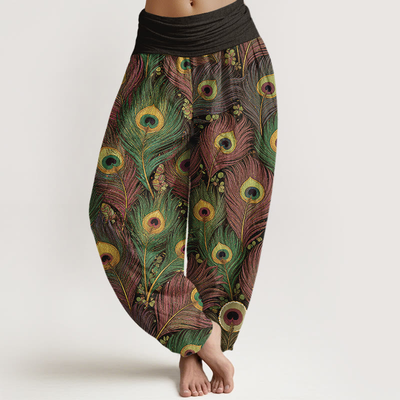Buddha Stones Pantalones harem de mujer de algodón puro con cintura elástica y estampado de plumas de pavo real - Verde oliva oscuro - US16，UK/AU20，EU48 (3XL) - image 5