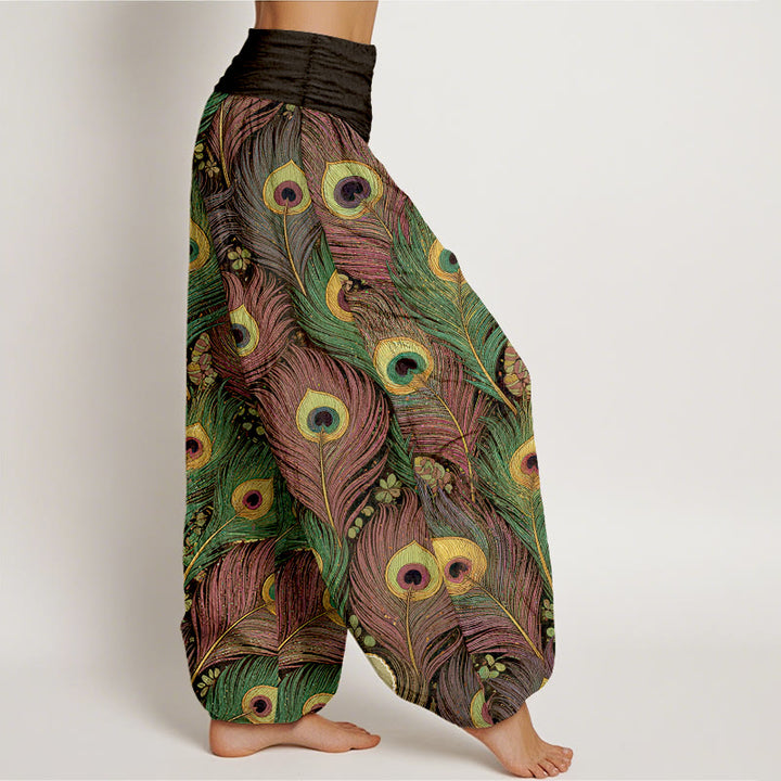 Buddha Stones Pantalones harem de mujer de algodón puro con cintura elástica y estampado de plumas de pavo real - image 7