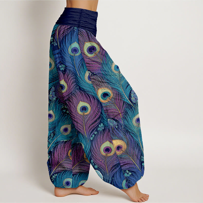 Buddha Stones Pantalones harem de mujer de algodón puro con cintura elástica y estampado de plumas de pavo real - image 10