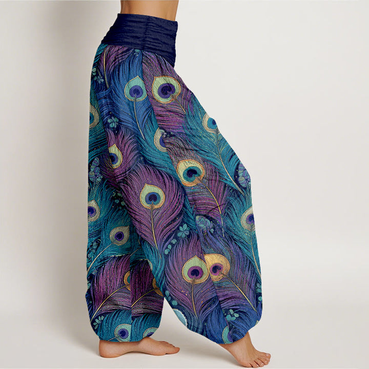 Buddha Stones Pantalones harem de mujer de algodón puro con cintura elástica y estampado de plumas de pavo real - image 10