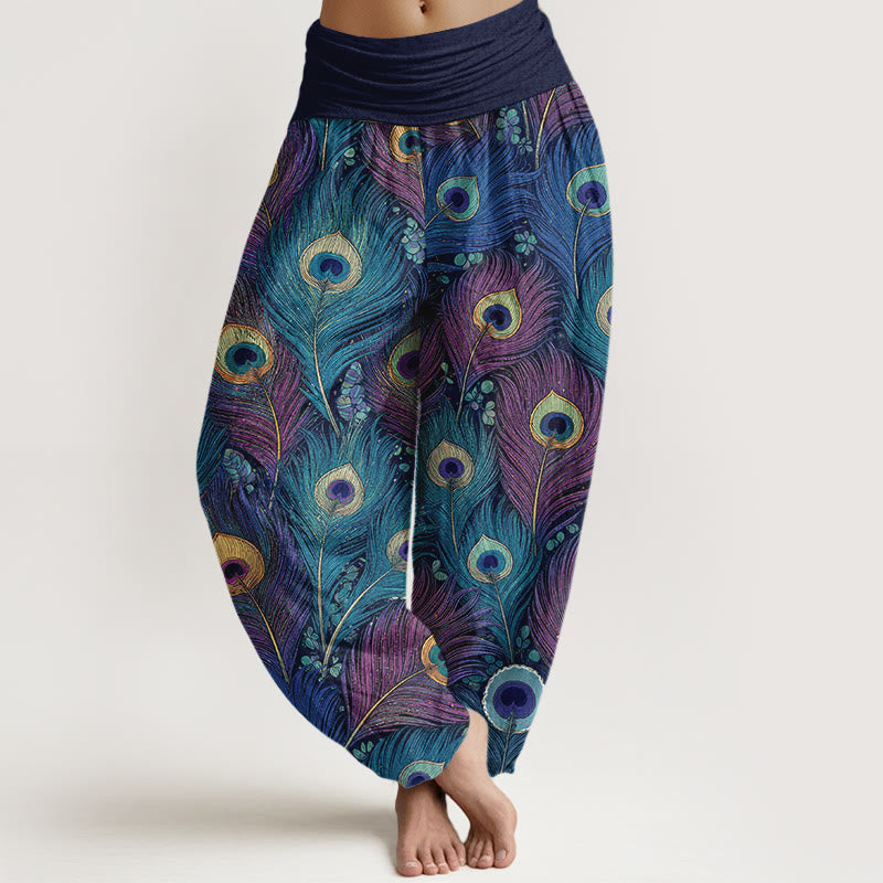 Buddha Stones Pantalones harem de mujer de algodón puro con cintura elástica y estampado de plumas de pavo real - Azul acero - US16，UK/AU20，EU48 (3XL) - image 8