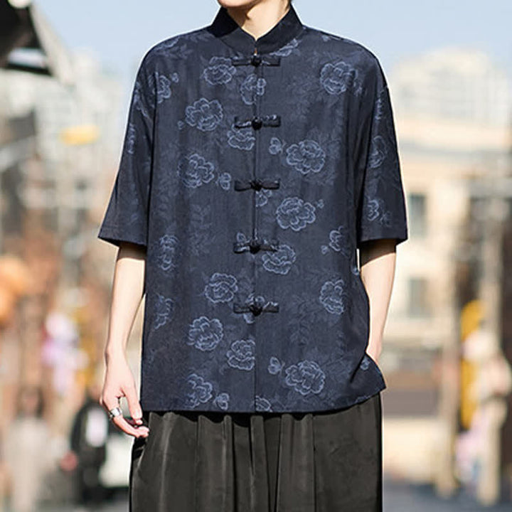 Buddha Stones Camisa de manga corta para hombre con cuello mandarín, botones de rana retro y estampado floral en jacquard - image 11