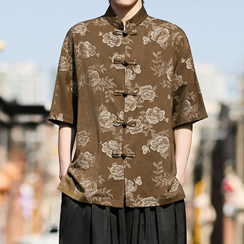 Buddha Stones Camisa de manga corta para hombre con cuello mandarín, botones de rana retro y estampado floral en jacquard - image 5