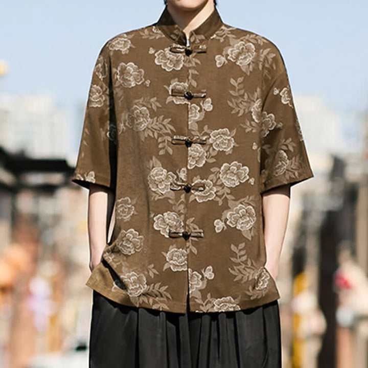 Buddha Stones Camisa de manga corta para hombre con cuello mandarín, botones de rana retro y estampado floral en jacquard - image 5