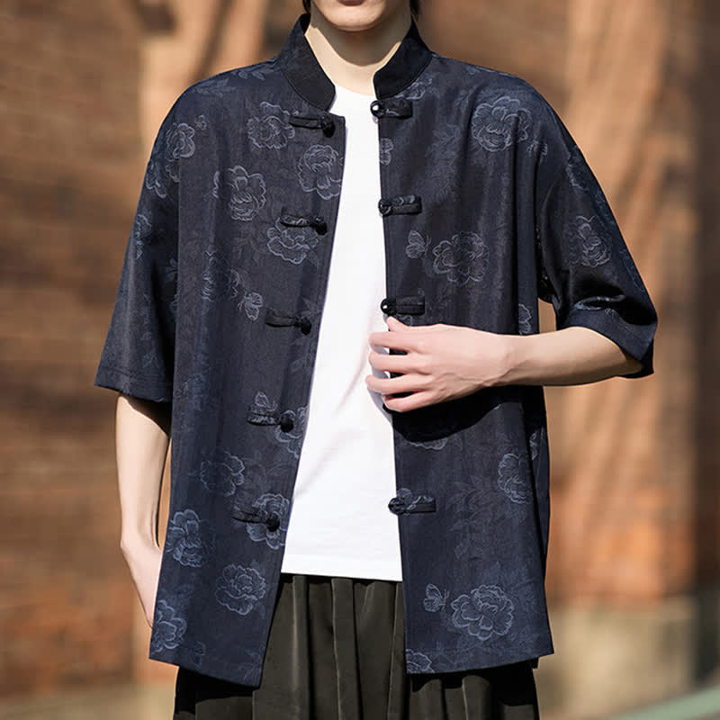 Buddha Stones Camisa de manga corta para hombre con cuello mandarín, botones de rana retro y estampado floral en jacquard - image 17