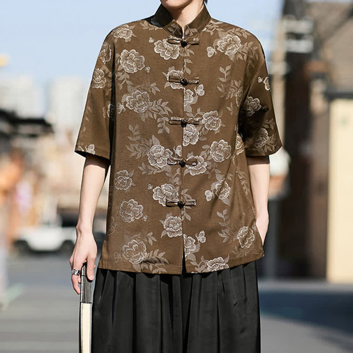 Buddha Stones Camisa de manga corta para hombre con cuello mandarín, botones de rana retro y estampado floral en jacquard - image 3