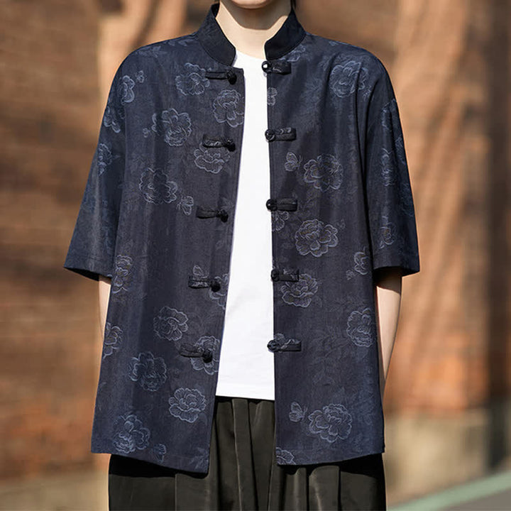 Buddha Stones Camisa de manga corta para hombre con cuello mandarín, botones de rana retro y estampado floral en jacquard - image 16