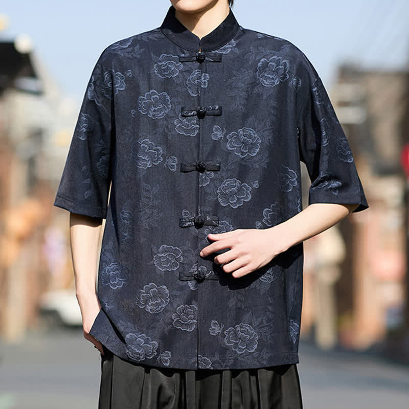 Buddha Stones Camisa de manga corta para hombre con cuello mandarín, botones de rana retro y estampado floral en jacquard - image 12