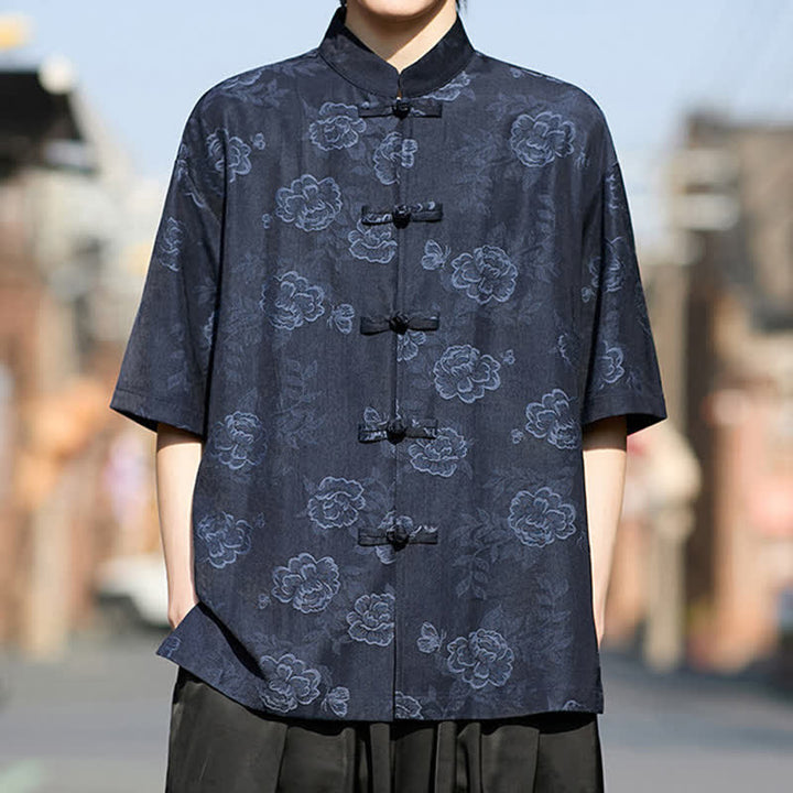 Buddha Stones Camisa de manga corta para hombre con cuello mandarín, botones de rana retro y estampado floral en jacquard - image 13