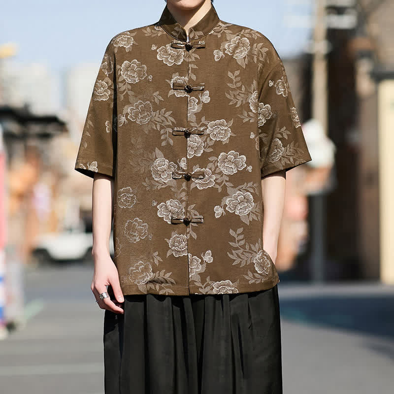 Buddha Stones Camisa de manga corta para hombre con cuello mandarín, botones de rana retro y estampado floral en jacquard - image 1