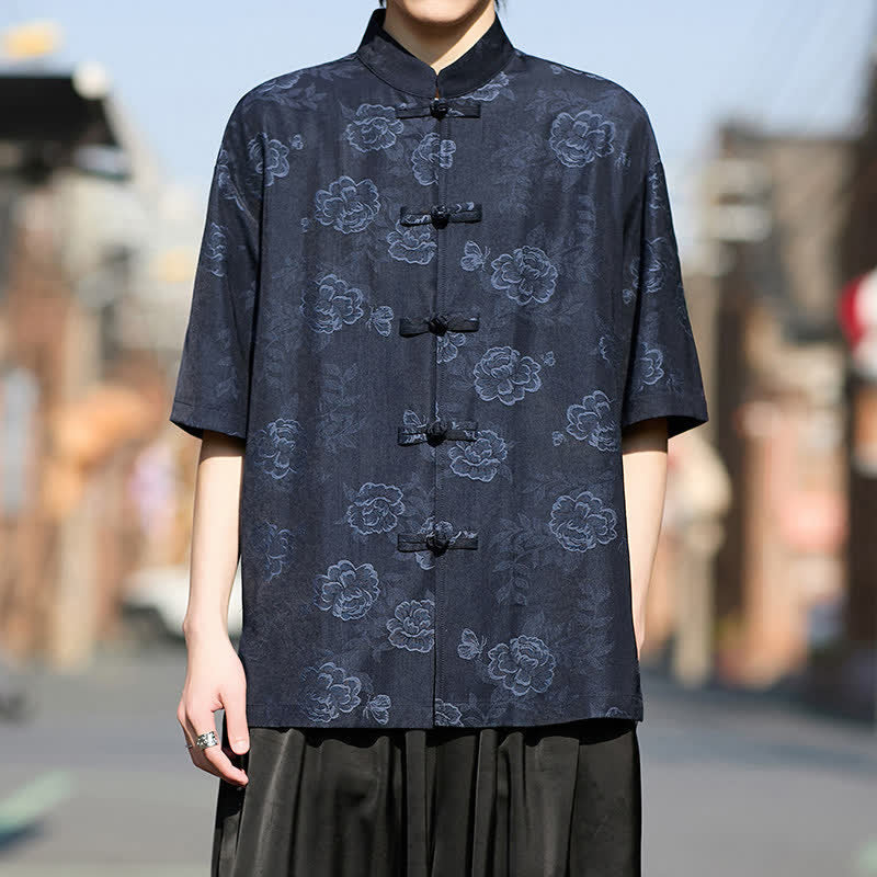 Buddha Stones Camisa de manga corta para hombre con cuello mandarín, botones de rana retro y estampado floral en jacquard - Azul medianoche - US/UK/AU46, EU56 (5XL) - image 10