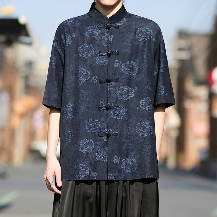 Buddha Stones Camisa de manga corta para hombre con cuello mandarín, botones de rana retro y estampado floral en jacquard - Azul medianoche - US/UK/AU46, EU56 (5XL) - image 10