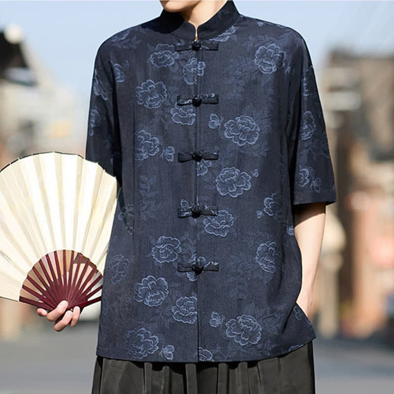 Buddha Stones Camisa de manga corta para hombre con cuello mandarín, botones de rana retro y estampado floral en jacquard - image 15