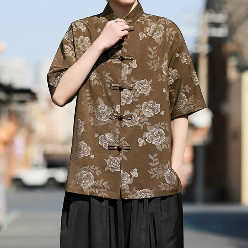 Buddha Stones Camisa de manga corta para hombre con cuello mandarín, botones de rana retro y estampado floral en jacquard - image 2