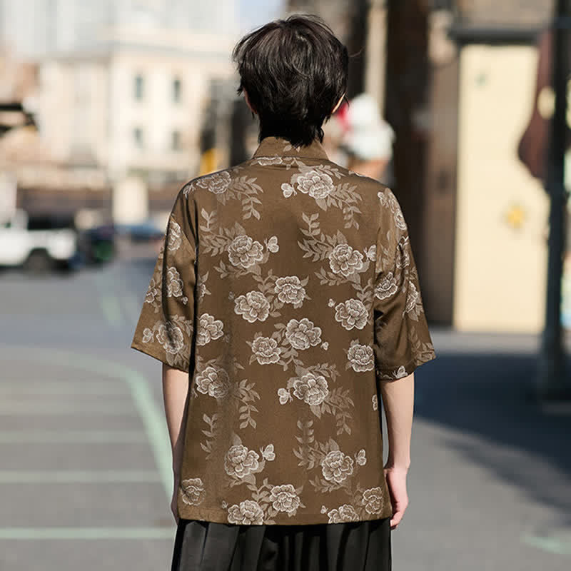 Buddha Stones Camisa de manga corta para hombre con cuello mandarín, botones de rana retro y estampado floral en jacquard - image 6