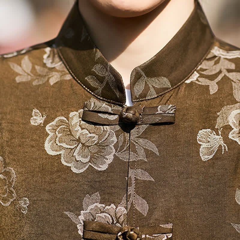 Buddha Stones Camisa de manga corta para hombre con cuello mandarín, botones de rana retro y estampado floral en jacquard - image 8