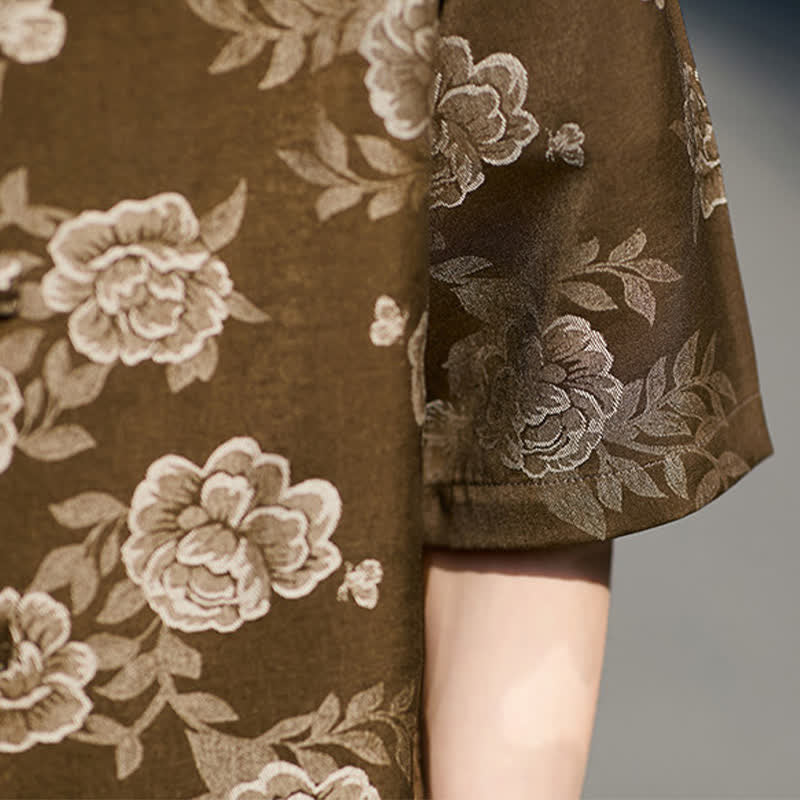 Buddha Stones Camisa de manga corta para hombre con cuello mandarín, botones de rana retro y estampado floral en jacquard - image 9