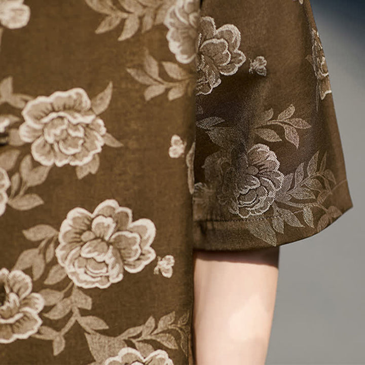 Buddha Stones Camisa de manga corta para hombre con cuello mandarín, botones de rana retro y estampado floral en jacquard - image 9