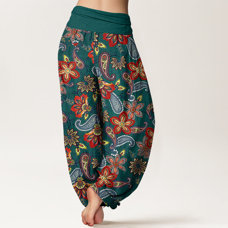 Buddha Stones Pantalones harén de algodón puro con estampado floral de cachemira y cintura elástica para mujer - image 1