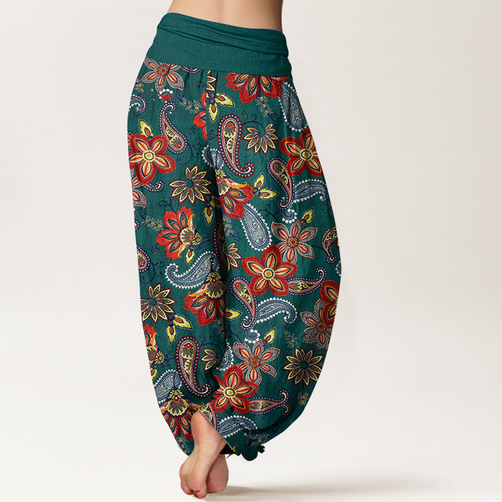 Buddha Stones Pantalones harén de algodón puro con estampado floral de cachemira y cintura elástica para mujer - image 1