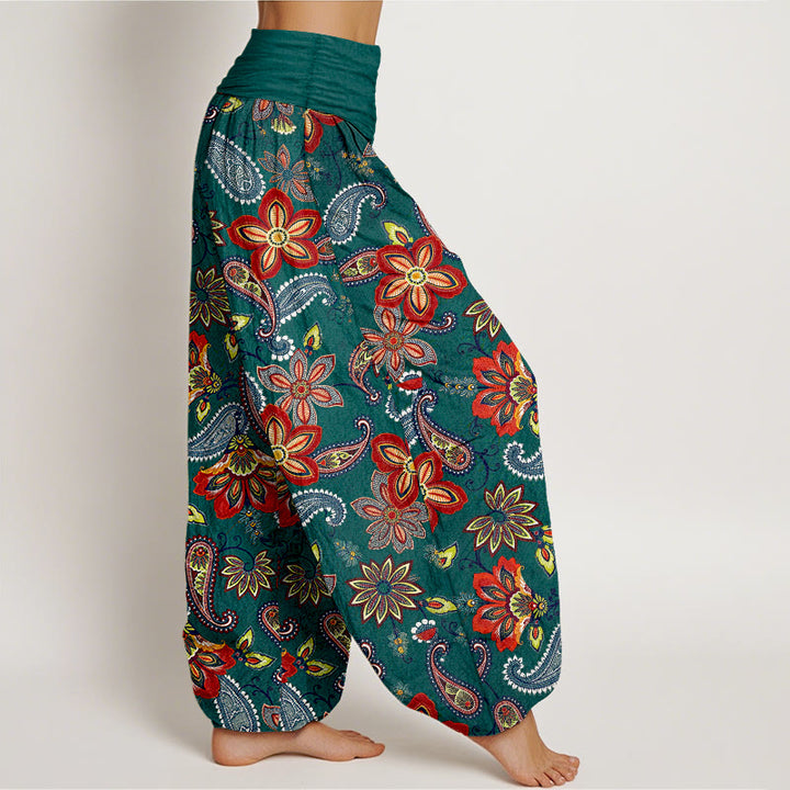 Buddha Stones Pantalones harén de algodón puro con estampado floral de cachemira y cintura elástica para mujer - image 2