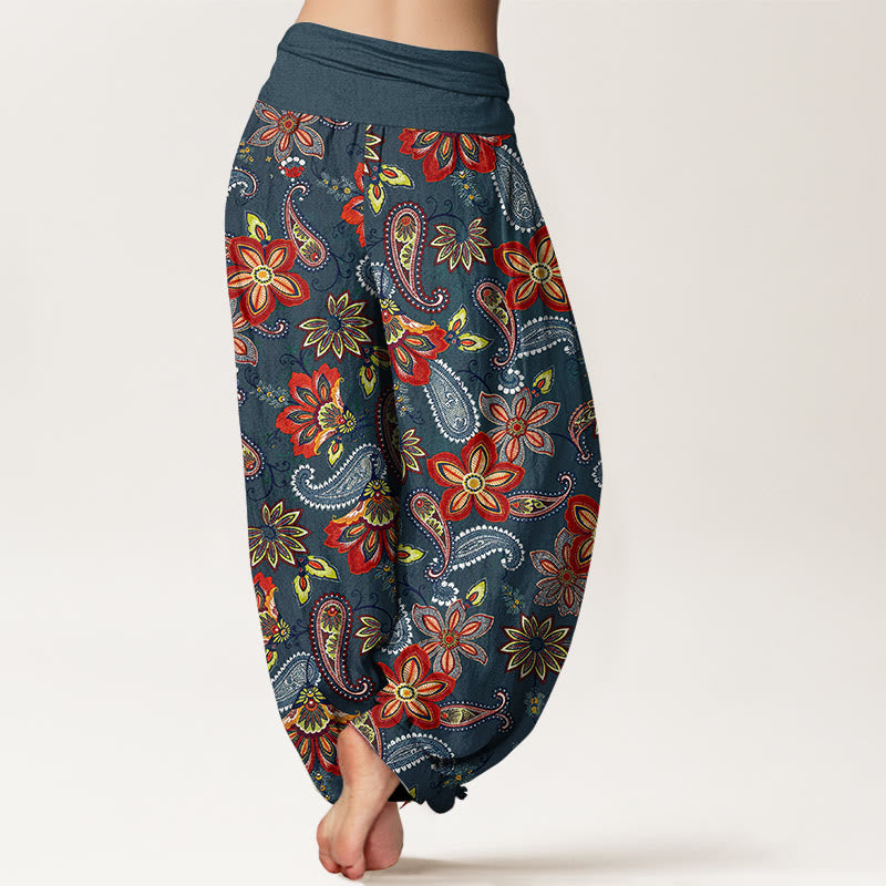 Buddha Stones Pantalones harén de algodón puro con estampado floral de cachemira y cintura elástica para mujer - image 6