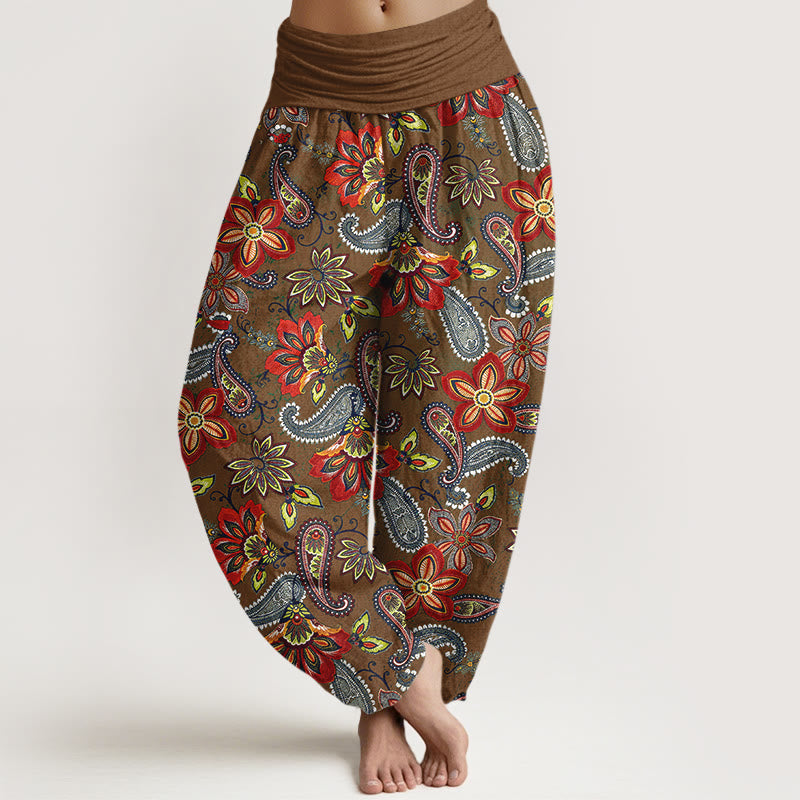 Buddha Stones Pantalones harén de algodón puro con estampado floral de cachemira y cintura elástica para mujer - Vara de oro oscura - US16，UK/AU20，EU48 (3XL) - image 8