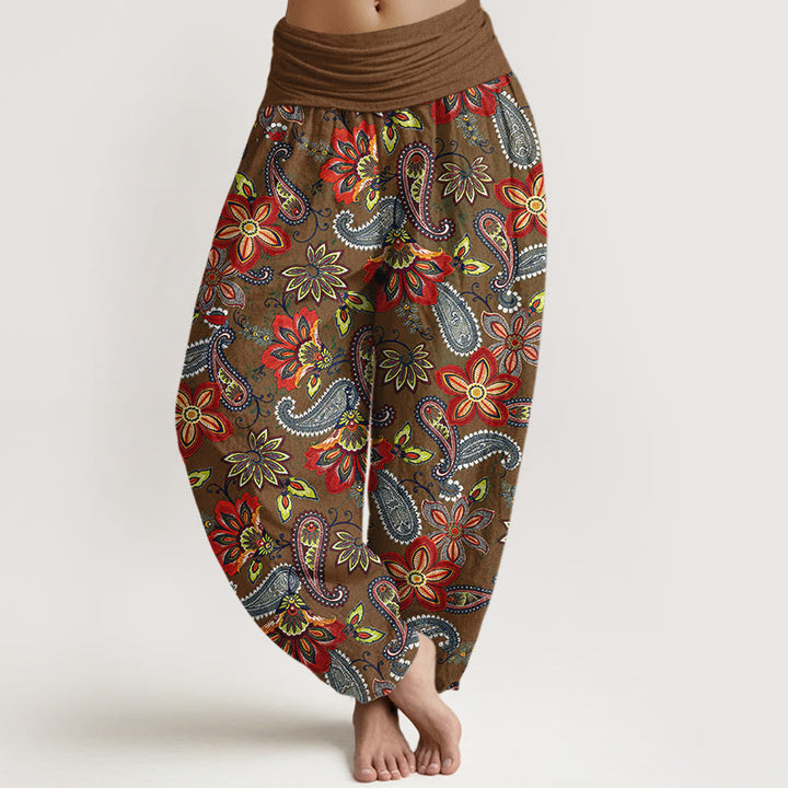 Buddha Stones Pantalones harén de algodón puro con estampado floral de cachemira y cintura elástica para mujer - Vara de oro oscura - US16，UK/AU20，EU48 (3XL) - image 8