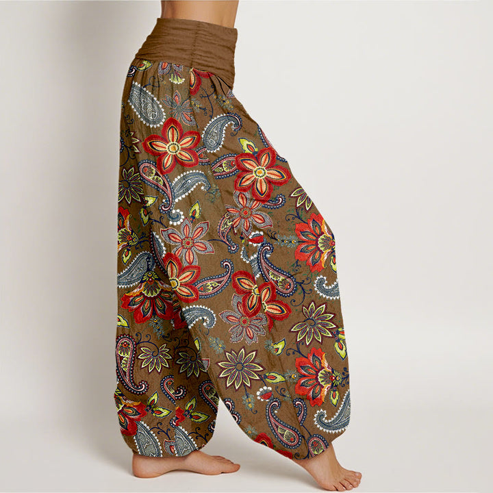 Buddha Stones Pantalones harén de algodón puro con estampado floral de cachemira y cintura elástica para mujer - image 10