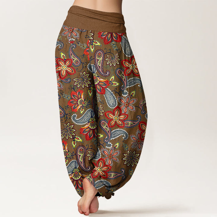 Buddha Stones Pantalones harén de algodón puro con estampado floral de cachemira y cintura elástica para mujer - image 9