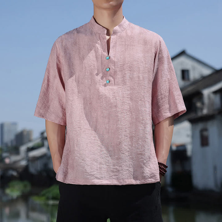 Buddha Stones Camiseta de manga corta con cuello con muescas y botones para hombre, estilo étnico de verano Dai. - rosa claro - US/UK/AU46, EU56 (5XL) - image 10