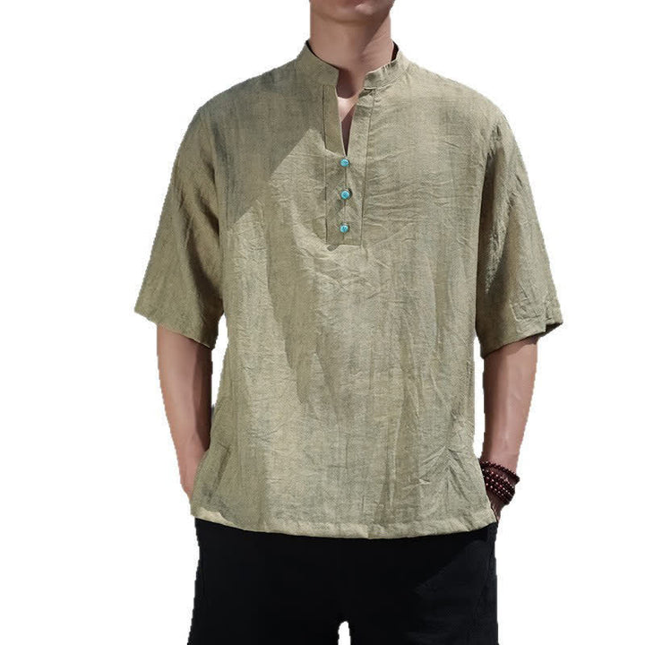 Buddha Stones Camiseta de manga corta con cuello con muescas y botones para hombre, estilo étnico de verano Dai. - image 3
