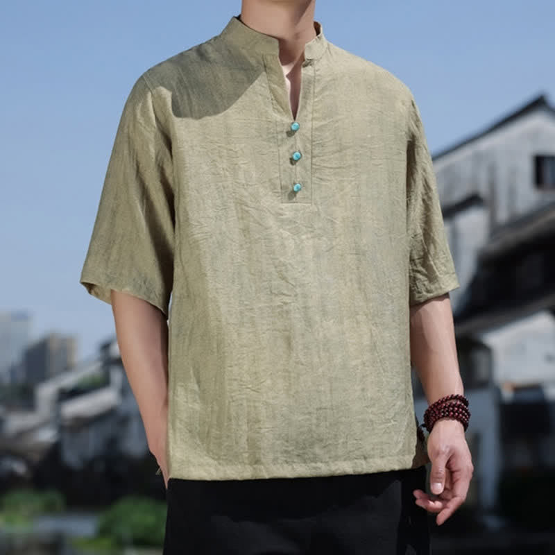 Buddha Stones Camiseta de manga corta con cuello con muescas y botones para hombre, estilo étnico de verano Dai. - image 2
