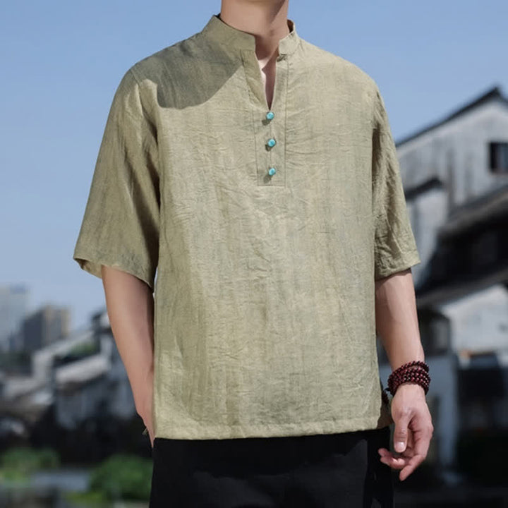 Buddha Stones Camiseta de manga corta con cuello con muescas y botones para hombre, estilo étnico de verano Dai. - image 2