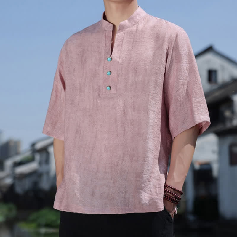 Buddha Stones Camiseta de manga corta con cuello con muescas y botones para hombre, estilo étnico de verano Dai. - image 13