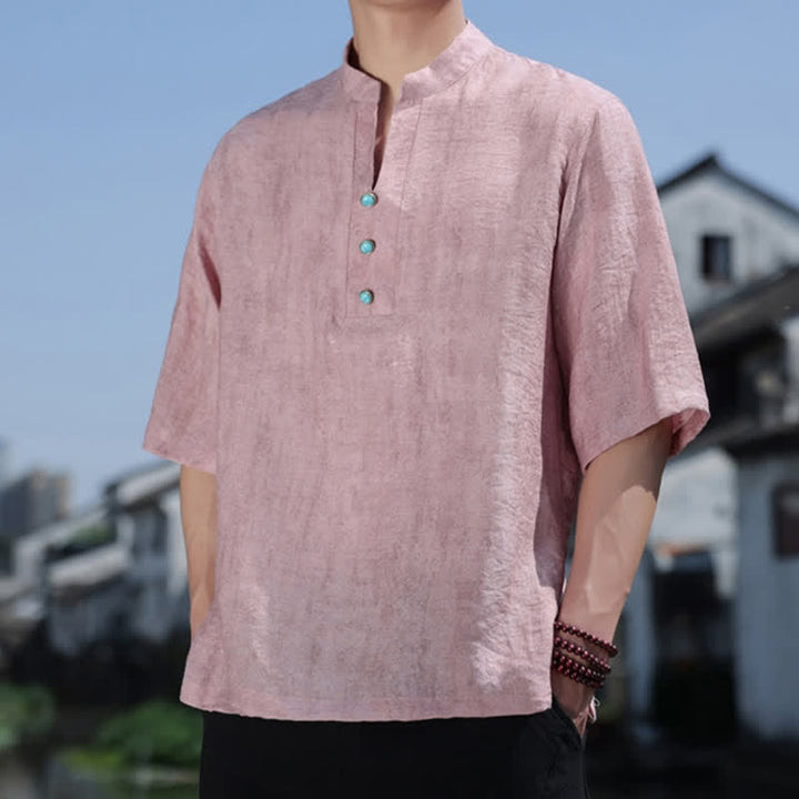 Buddha Stones Camiseta de manga corta con cuello con muescas y botones para hombre, estilo étnico de verano Dai. - image 13