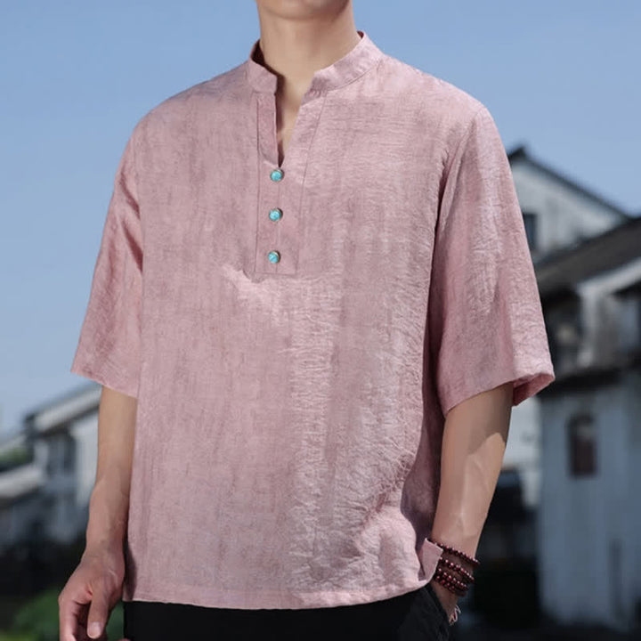 Buddha Stones Camiseta de manga corta con cuello con muescas y botones para hombre, estilo étnico de verano Dai. - image 11