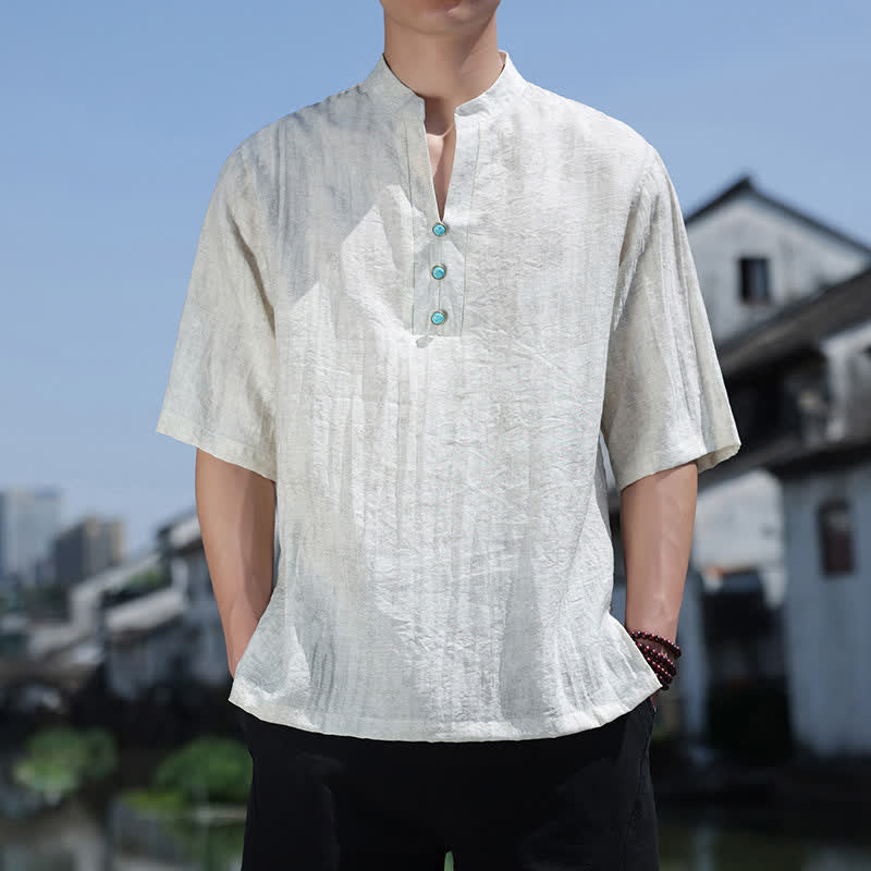 Buddha Stones Camiseta de manga corta con cuello con muescas y botones para hombre, estilo étnico de verano Dai. - Blanco floral - US/UK/AU46, EU56 (5XL) - image 4
