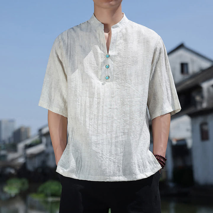 Buddha Stones Camiseta de manga corta con cuello con muescas y botones para hombre, estilo étnico de verano Dai. - Blanco floral - US/UK/AU46, EU56 (5XL) - image 4