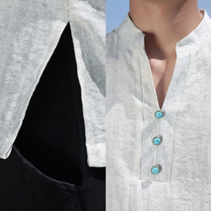 Buddha Stones Camiseta de manga corta con cuello con muescas y botones para hombre, estilo étnico de verano Dai. - image 6